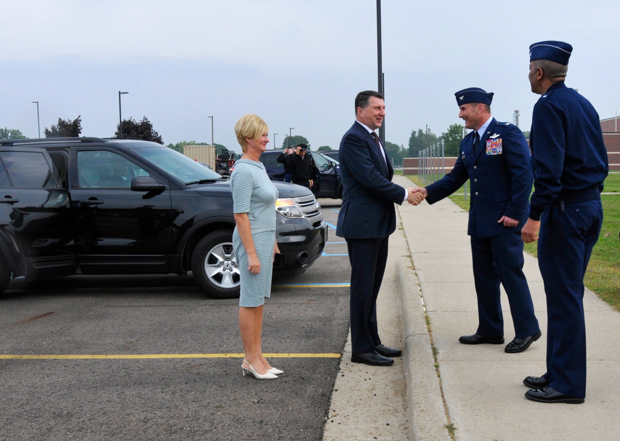 The 110th Attack Wing, Battle Creek Air National Guard Base, Mich. proudly host the President of the Republic of Latvia, Raimonds Vejonis, for a special tour of Wing facilities, Friday, September 23, 2016. Joined by his wife, Iveta, the President’s two-hour visit included a briefing at the 217th Air Operations Group which highlighted the 110th Attack Wing’s mission capabilities: Command and Control, Cyber Operations, Agile Combat Support, and the MQ-9 Reaper program. President Vejonis’s visit to the 110th Attack Wing celebrated the highly-successful State Partnership between Latvia and the Michigan Air National Guard. The U.S. Department of Defense established the State Partnership Program in 1993 to promote stability, enhance military capability, improve interoperability and enhance the principles of responsible governance among struggling Baltic Nations and assigned program management to the National Guard Bureau.(Air National Guard Photo by Master Sgt. Sonia Pawloski/released)