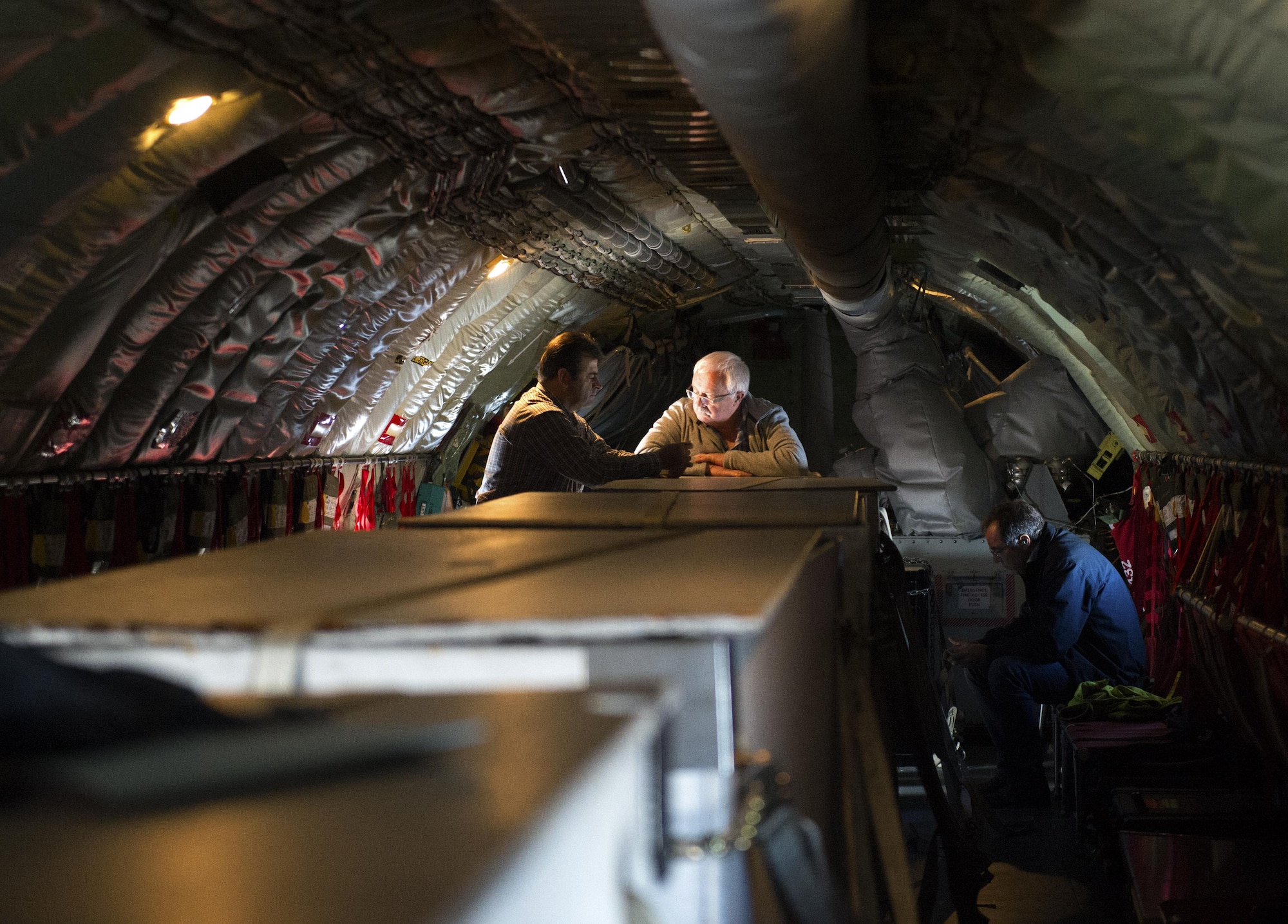 Saber civic leaders wait in a U.S. Air Force KC-135 Stratotanker from the 191st Air Refueling Squadron, Roland R. Wright Air National Guard Base, Utah, for an opportunity to see F-16 Fighting Falcons assigned to the 52nd Fighter Wing, Spangdahlem Air Base, Germany, during a refueling mission over Ramstein Air Base, Sept. 26, 2016. The Stratotanker carried and transferred more than 120,000 pounds of fuel to 13 F-16s during the course of two days. (U.S. Air Force photo/Airman 1st Class Preston Cherry)