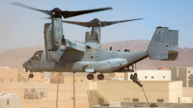 An MV-22 Osprey with Marine Medium Tilt-rotor Squadron 166 inserts Marines with Infantry Officer’s Course at Range 220, the Combat Center’s largest military operations on urbanized terrain facility, Sept. 23, 2016, as part of Exercise Talon Reach. Officers awaiting training at Marine Corps Communication-Electronics School and Marine Corps Intelligence School also participated in the exercise, for the first time, to create a mutually beneficial learning environment. 
