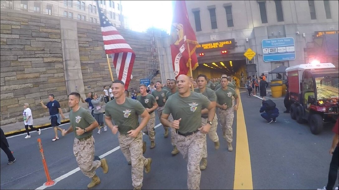 Marines and Sailors from 6th Communication Battalion, Force Headquarters Group, Marine Forces Reserved stationed in Brooklyn, New York run through the Brooklyn Battery Tunnel to Ground Zero is the annual Stephen Siller Tunnel To Towers Foundation run. 

On September 11, 2001, Stephen, who was assigned to Brooklyn’s Squad 1, had just finished his shift, and was on his way to play golf with his brothers when he got word of the first plane hitting the Twin Towers over his scanner. Upon hearing the news, Stephen called his wife Sally and asked her to tell his brothers he would catch up with them later, and returned to Squad 1 to get his gear.

Stephen drove his truck to the entrance of the Brooklyn Battery Tunnel, but it had already been closed for security purposes. Determined to carry out his duty, he strapped 60 lbs. of gear to his back, and raced on foot through the tunnel to the Twin Towers, where he gave up his life while saving others.
 
The mission of the Stephen Siller Tunnel to Towers Foundation is to honor the sacrifice of firefighter Stephen Siller who laid down his life to save others on September 11, 2001. They also honor our military and first responders who continue to make the supreme sacrifice of life and limb for our country