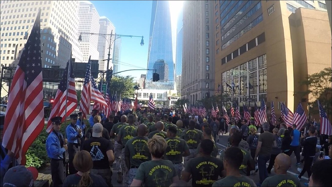 Marines and Sailors from 6th Communication Battalion, Force Headquarters Group, Marine Forces Reserved stationed in Brooklyn, New York run through the Brooklyn Battery Tunnel to Ground Zero is the annual Stephen Siller Tunnel To Towers Foundation run. 

On September 11, 2001, Stephen, who was assigned to Brooklyn’s Squad 1, had just finished his shift, and was on his way to play golf with his brothers when he got word of the first plane hitting the Twin Towers over his scanner. Upon hearing the news, Stephen called his wife Sally and asked her to tell his brothers he would catch up with them later, and returned to Squad 1 to get his gear.

Stephen drove his truck to the entrance of the Brooklyn Battery Tunnel, but it had already been closed for security purposes. Determined to carry out his duty, he strapped 60 lbs. of gear to his back, and raced on foot through the tunnel to the Twin Towers, where he gave up his life while saving others.
 
The mission of the Stephen Siller Tunnel to Towers Foundation is to honor the sacrifice of firefighter Stephen Siller who laid down his life to save others on September 11, 2001. They also honor our military and first responders who continue to make the supreme sacrifice of life and limb for our country