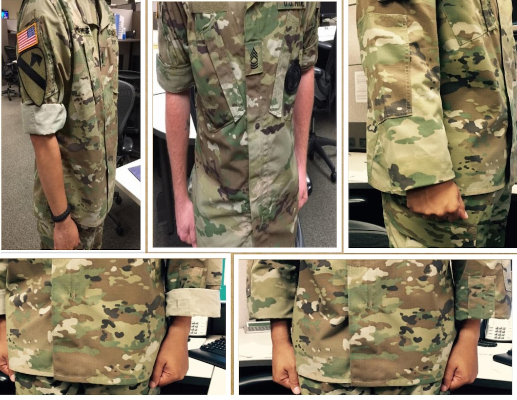 Authorized wear of ACU sleeves (clockwise from top left): Sleeves rolled camouflage in, sleeves rolled camouflage out, sleeves cuffed under once for field, sleeves cuffed under twice, sleeves cuffed out twice. Of course, sleeves can always be worn down as well (not shown).  (Photo Credit: Army G1)