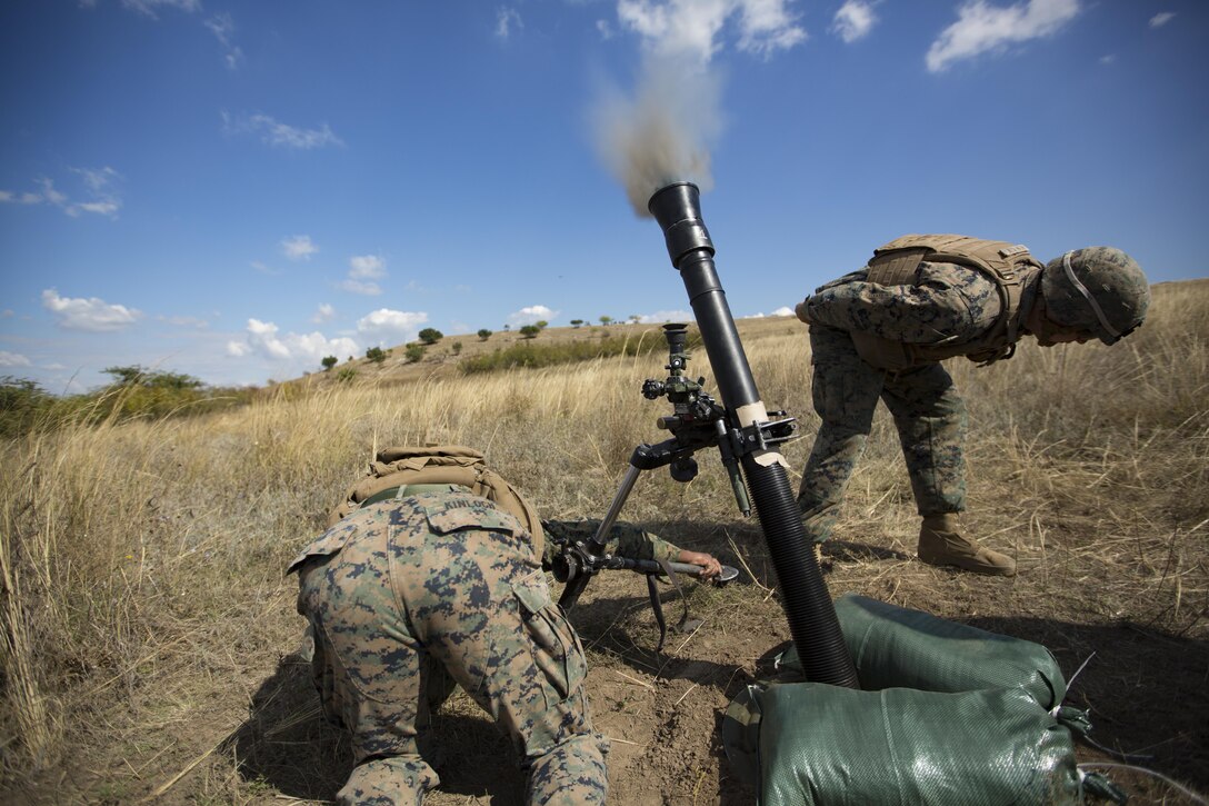U.S. Marines with Black Sea Rotational Force 16.2 fire an M252 81M mortar system on a platoon attack range during Platinum Lynx 16.5 at Babadag Training Area, Romania, Sept. 24, 2016. Platinum Lynx 16.5 allows Marines from units across the globe, including the 22nd Marine Expeditionary Unit, 2nd Battalion, 8th Marines and a Fleet Anti-terrorism Security Team based out of Spain, to train alongside partner nations in the Black Sea, Balkan, and Caucasus regions. The training enhances collective professional military capabilities and promotes regional stability. 