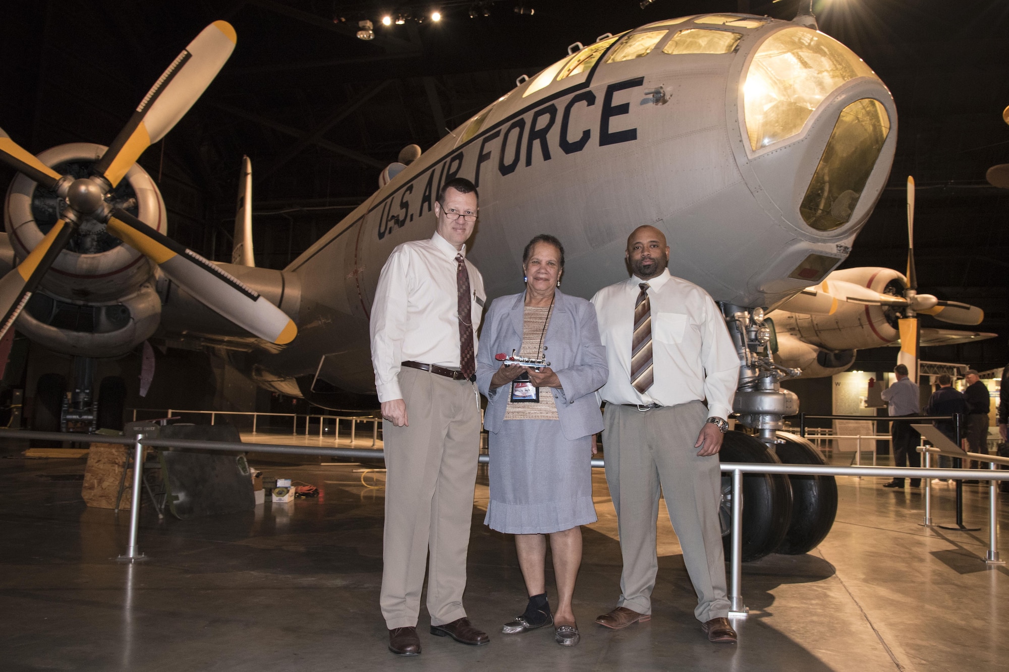 DAYTON, Ohio -- Patricia Paytee and son Terence Paytee donated a Morse code key on Sept. 29, 2016 at the National Museum of the U.S. Air Force. Museum Historian Dr. Doug Lantry accepted the donation on behalf of the museum. (U.S. Air Force photo)