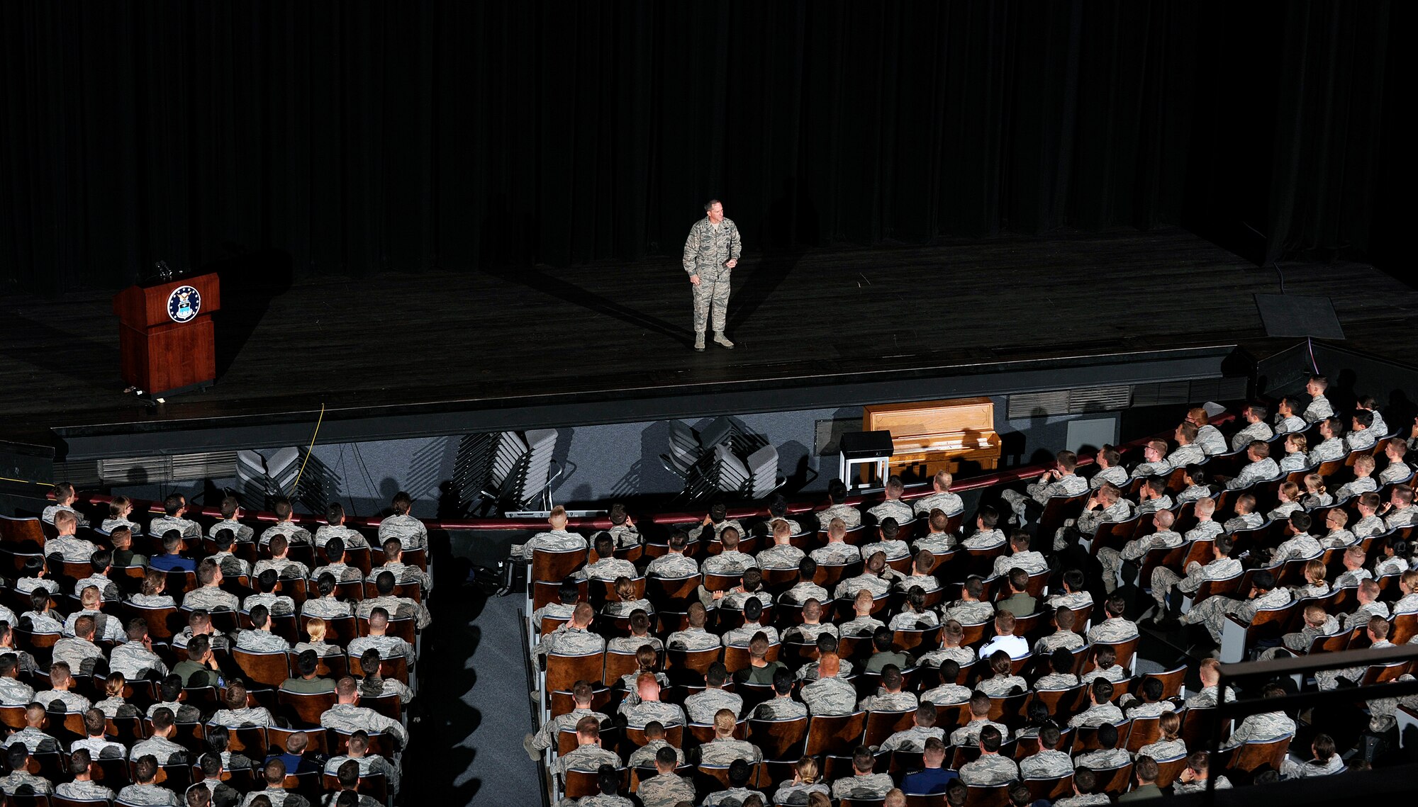 Chief of Staff of the Air Force David Goldfein chats with cadets in Arnold Hall, Sept. 26, 2016, at the U.S. Air Force Academy. During his hour-long presentation, Goldfein talked about his three focus areas: revitalizing squadrons, strengthening joint leaders and teams, and advancing command and control. (U.S. Force Jason Gutierrez)