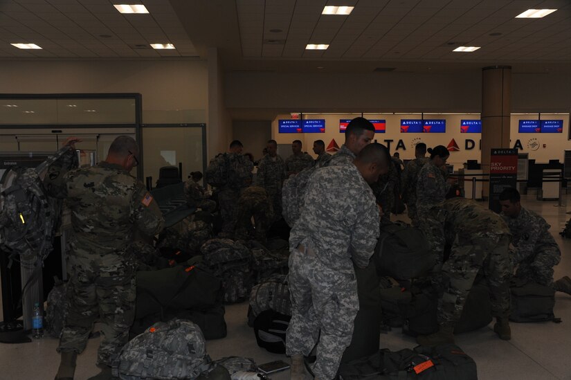 U.S. Army Reserve Soldiers from the 246th Quartermaster Company (QM Co.) (Mortuary Affairs) headed to Fort Hood, Texas for their pre-mobilization training on September 28, from the Luis Muñoz Marin Airport in San Juan, Puerto Rico.