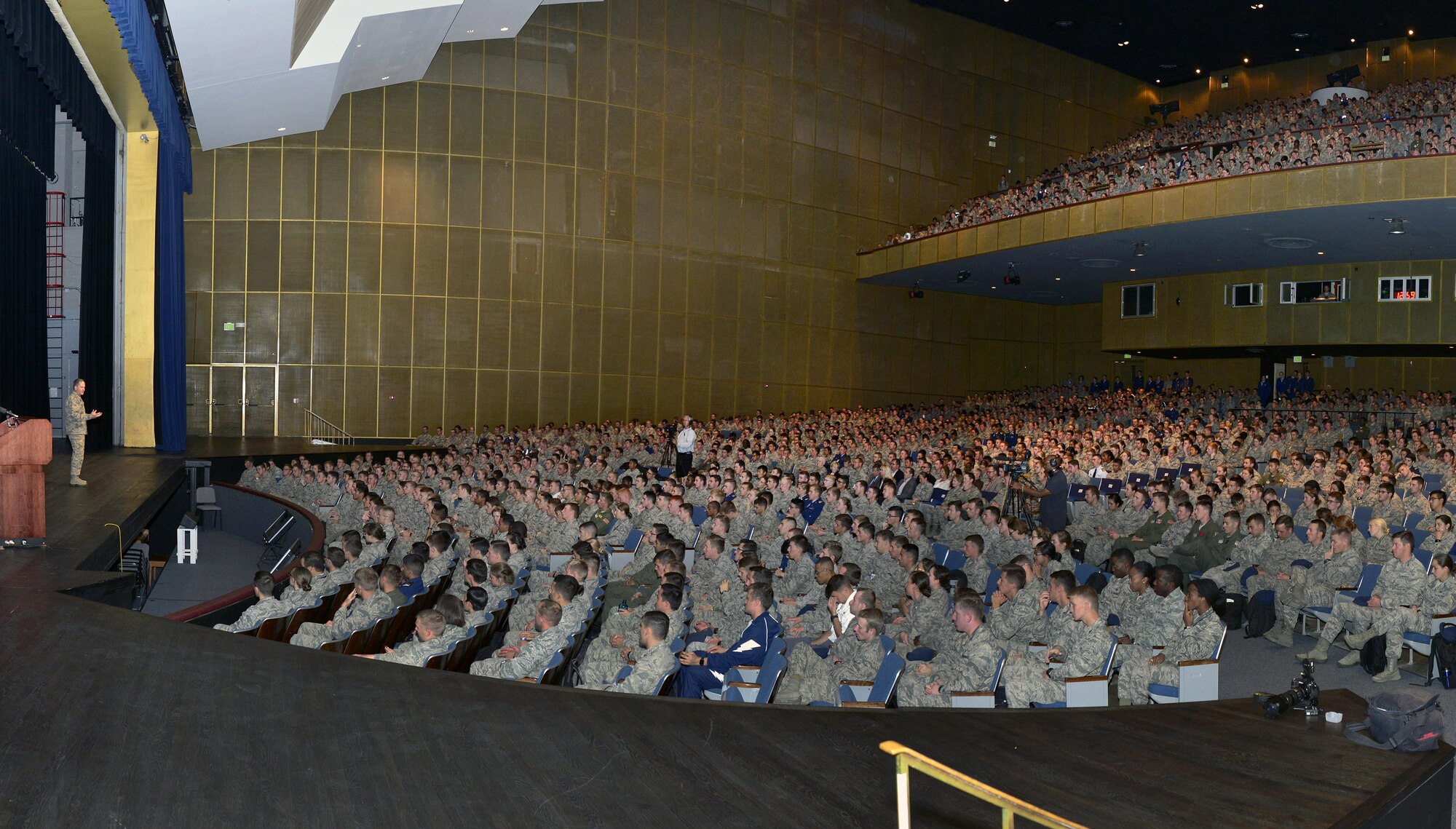 Chief of Staff of the Air Force Gen. David Goldfein discusses his three focus areas -- revitalizing squadrons, strengthening joint leaders and teams, and advancing command and control -- with the Cadet Wing, Sept. 26, 2016 in Arnold Hall. During his visit to the U.S. Air Force Academy, Goldfein spent time with cadets and staff; took part in a KAFA radio interview; and met with cadets assigned to Cadet Squadron 19, his former squadron. (U.S. Air Force photo/Jason Gutierrez)  