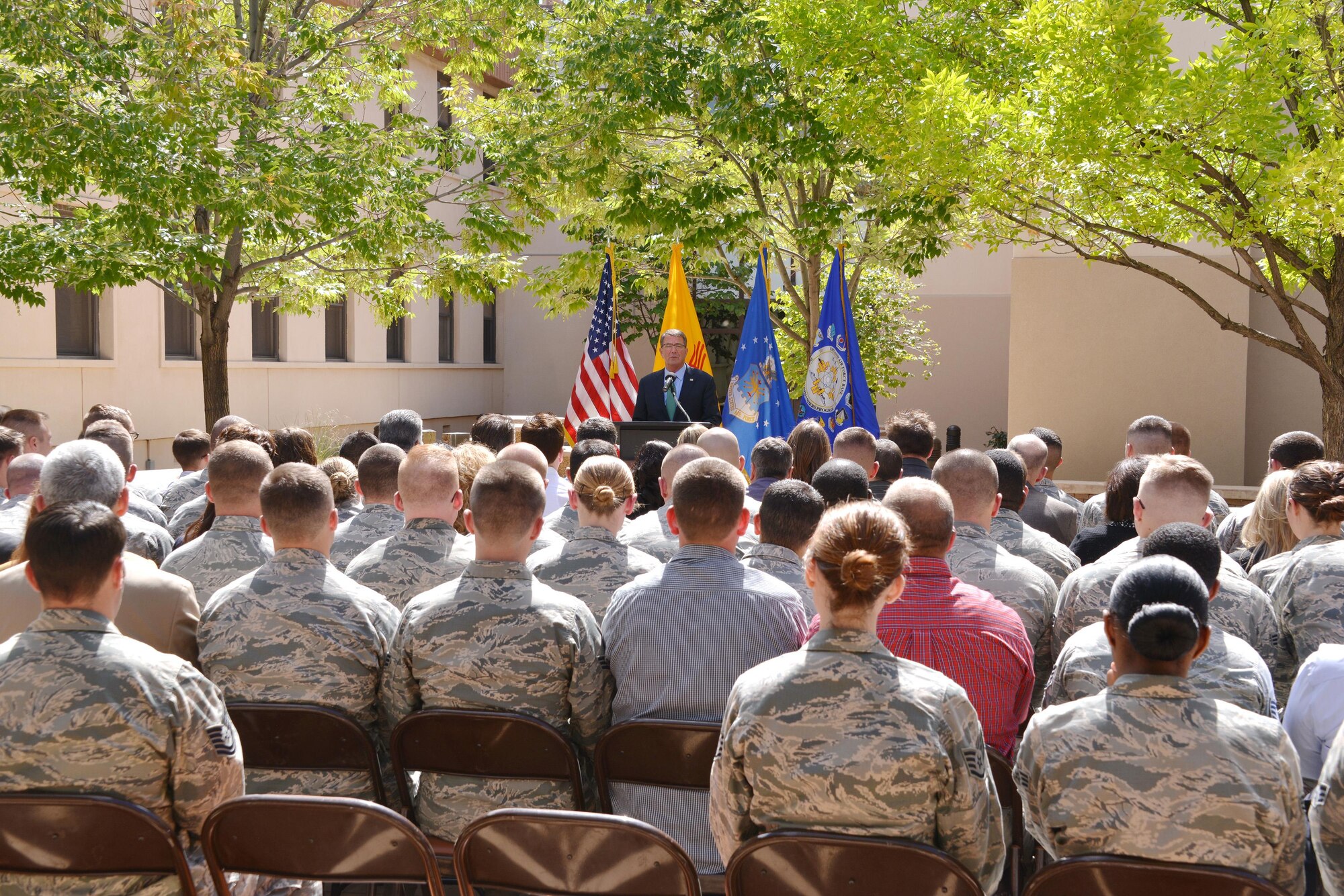 U.S. Secretary of Defense Ash Carter spoke to Airmen during a visit to Kirtland Air Force Base Sept. 27. He emphasized the importance of the nuclear enterprise and thanked the Airmen for their work in helping build a strong nuclear deterrent. (Photo by Dennis Carlson)