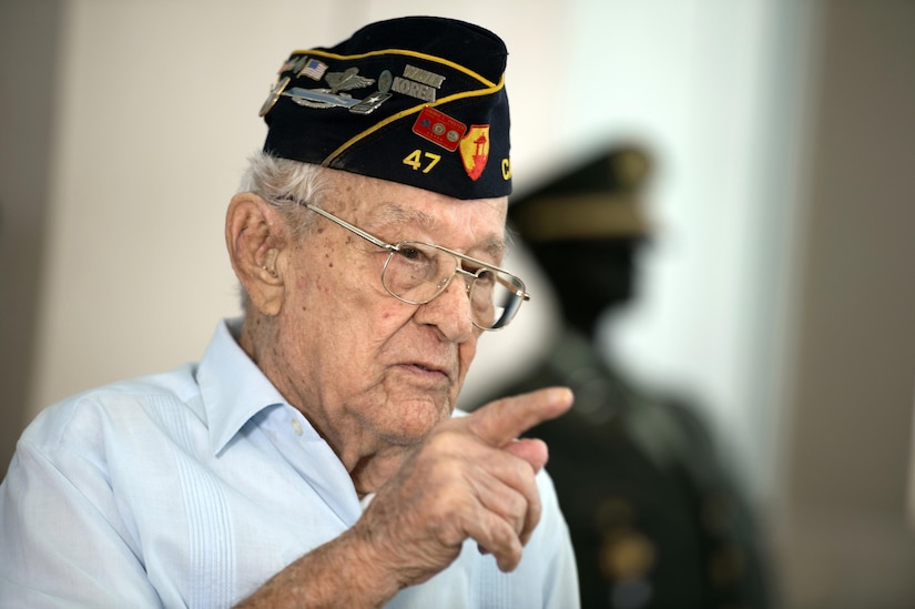 World War II veteran Army Sgt. 1st Class Santiago Pabon speaks about his military experience during an interview in Cabo Rojo, Puerto Rico, Aug. 10, 2016. DoD photo by EJ Hersom
