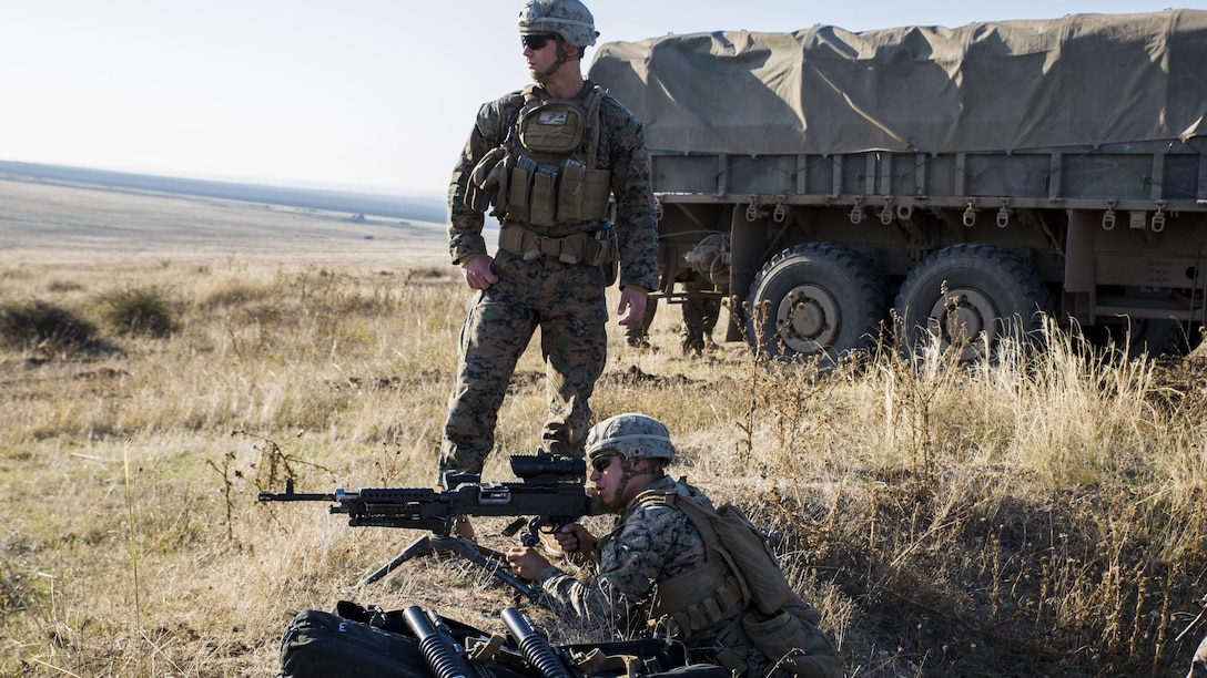 U.S. Marines from Fleet Anti-terrorism Security Team Europe prepare an M240B machine gun before conducting a live-fire range during Exercise Platinum Lynx at Babadag Training Area, Romania, Sept. 27, 2016. Platinum Lynx is a multi-national exercise hosted by Romania that is designed to enhance partnership between countries across Eastern Europe and the U.S. 