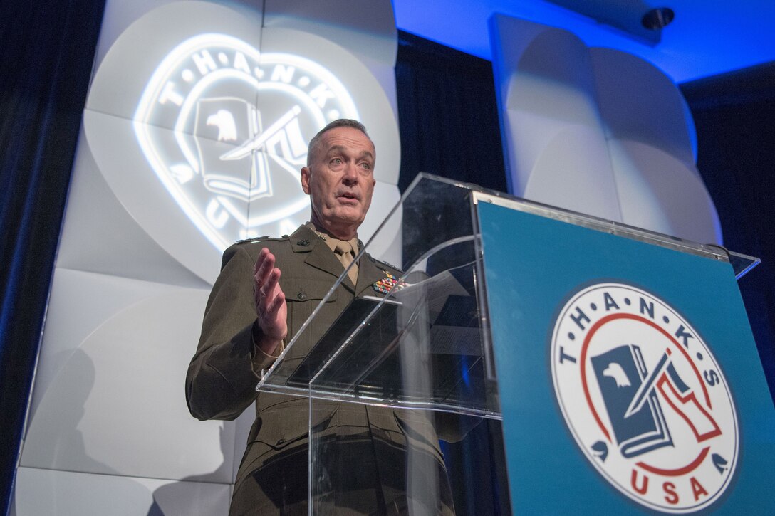 Marine Corps Gen. Joe Dunford, chairman of the Joint Chiefs of Staff, addresses the audience at the ThanksUSA Treasure Our Troops Gala in Washington, D.C., Sept. 28, 2016. The organization provides need-based scholarships for the children and spouses of military personnel to pursue a college, technical or vocational education. This year's event honored retired Marine Corps Gen. Richard Myers and his wife, Mary Jo, a founding member of the ThanksUSA advisory council. DoD photo by Navy Petty Officer 2nd Class Dominique A. Pineiro