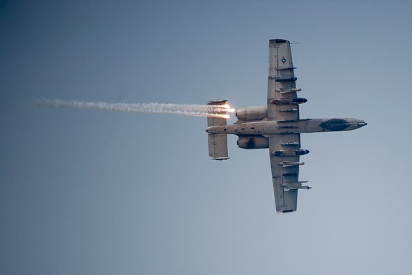 An A-10 Thunderbolt II, from the 25th Fighter Squadron, shoots a flare during Air Power Day 2016 at Osan Air Base, South Korea, Sept. 25, 2016. The A-10 showed its capabilities to perform combat search and rescue missions during the airshow. (U.S. Air Force photo/Staff Sgt. Jonathan Steffen)