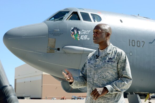 Col. Kenyon Bell, 76th Aircraft Maintenance Group commander, addresses the media Sept. 27, before “Ghost Rider” left Tinker Air Force Base for Minot AFB, N.D. “Ghost Rider,” a B-52H Stratofortress that was pulled from long-term storage at the 309th Aerospace Maintenance and Regeneration Group at Davis-Monthan AFB, Ariz., arrived at Tinker Air Force Base in December 2015. The historic aircraft spent the last nine months undergoing extensive repairs in programmed depot maintenance here. The work was completed 90 days ahead of schedule.  (Air Force photo by Kelly White)