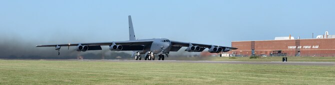 “Ghost Rider,” takes off for Minot Air Force Base, N.D., where it will rejoin the B-52H fleet. After undergoing a nine-month overhaul and upgrade by the Oklahoma City Air Logistics Complex, 61-007 left Tinker Air Force Base Sept. 27, 2016. The historic aircraft is the first B-52H to ever be regenerated from long-term storage with the 309th Aerospace Maintenance and Regeneration Group at Davis-Monthan AFB, Ariz., and returned to full operational flying status. (Air Force photo by Kelly White)