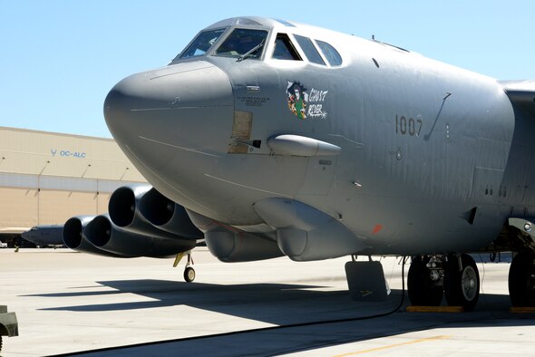 “Ghost Rider,” takes off for Minot Air Force Base, N.D., where it will rejoin the B-52H fleet. After undergoing a nine-month overhaul and upgrade by the Oklahoma City Air Logistics Complex, 61-007 left Tinker Air Force Base Sept. 27. The historic aircraft is the first B-52H to ever be regenerated from long-term storage with the 309th Aerospace Maintenance and Regeneration Group at Davis-Monthan AFB, Ariz., and returned to full operational flying status. (Air Force photo by Kelly White)