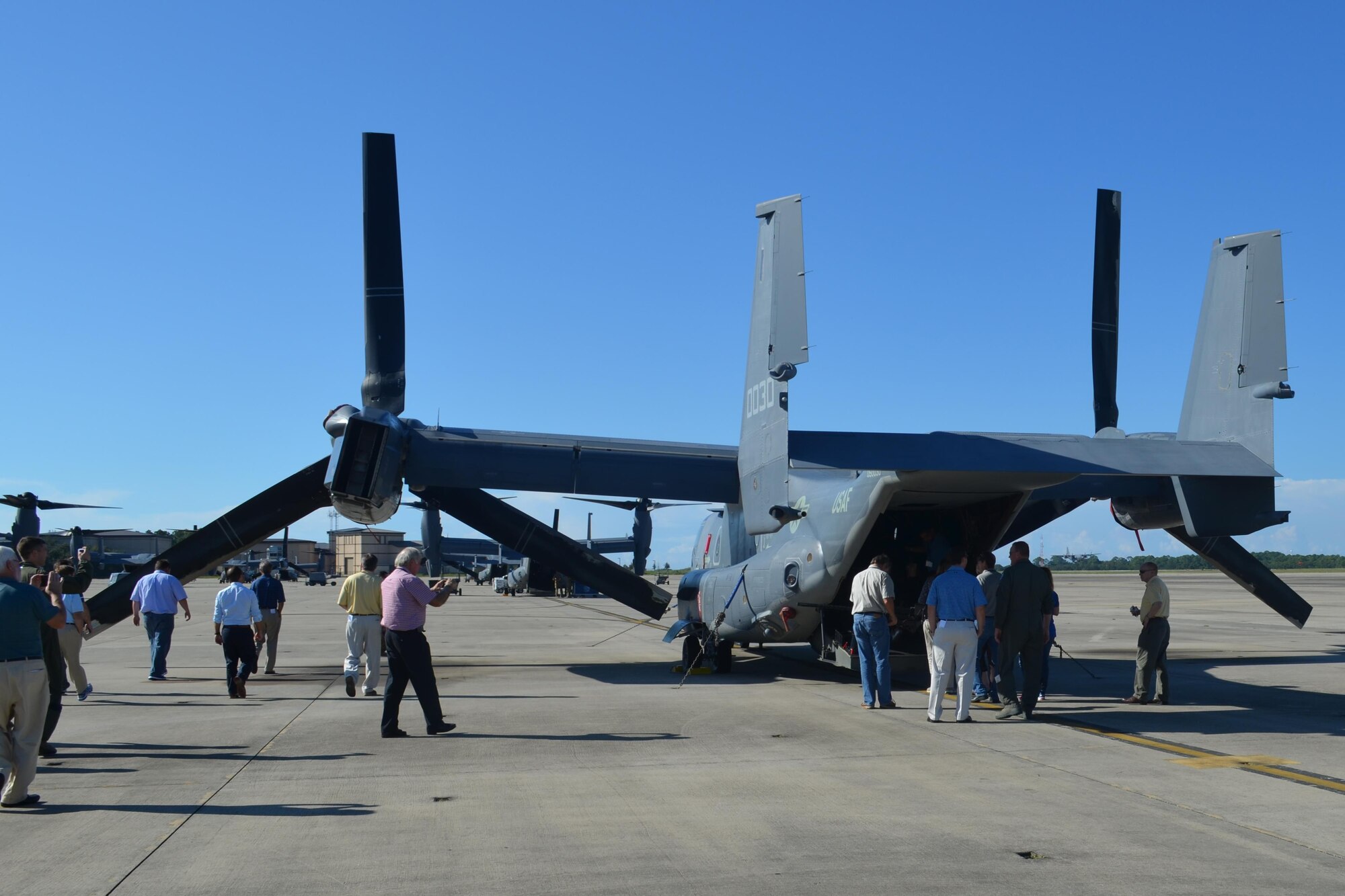 Civic Leaders from around Barksdale Air Force Base, La. tour a CV-22 Ospery at Hurlburt Field, Fla., Sept. 15, 2016 during the 307th Bomb Wing’s 2016 Civic Leader Tour. The tour included a refueling of the B-52 Stratofortress; visits to the 919th and 1st Special Operations Wings; and networking with other local community leaders. (U.S. Air Force photo by Master Sgt. Bianca Sellers-Brown/Released)