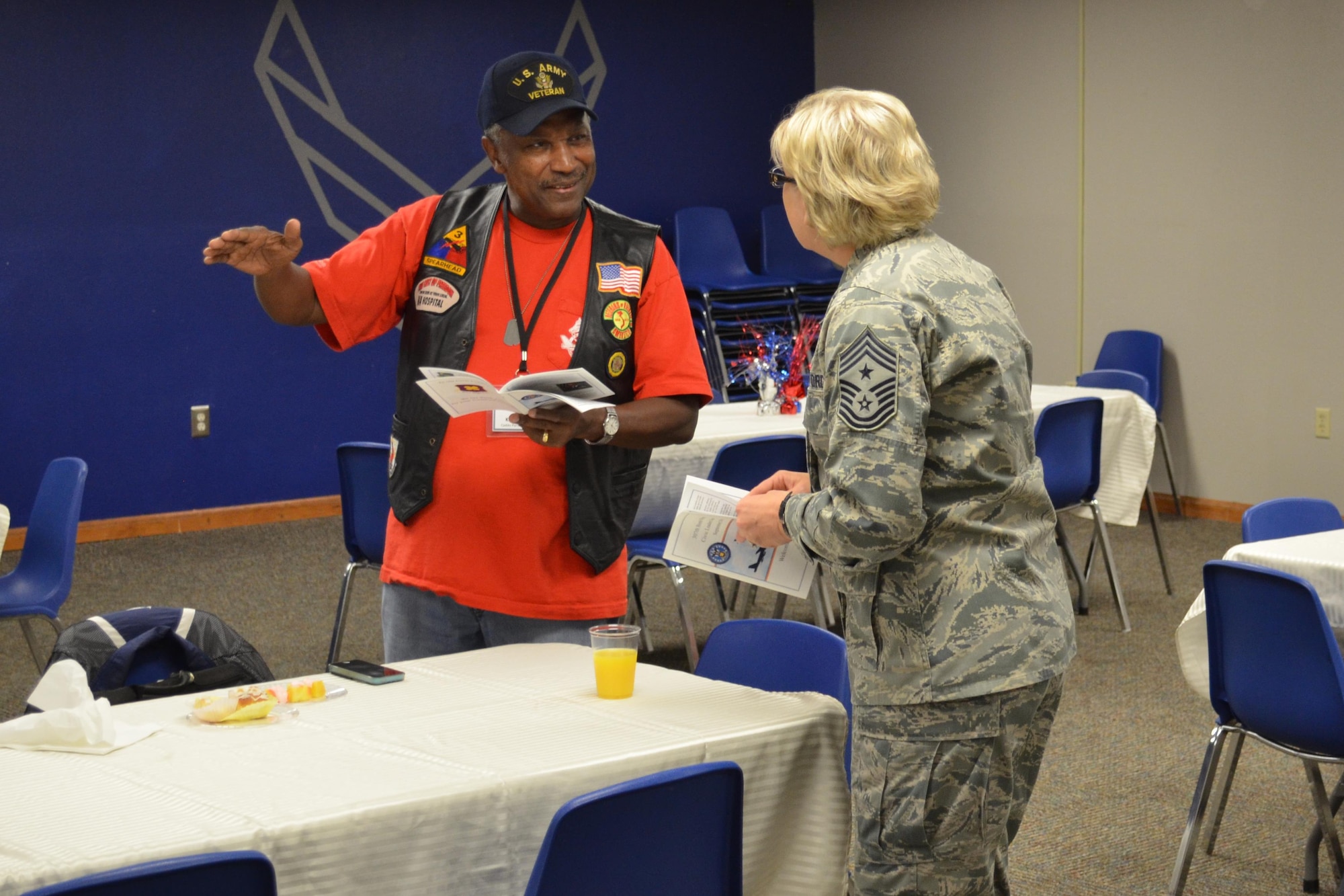 Ken Epperson, a commissioner for Caddo Parish, La., discusses the upcoming civic leader tour with the 307th Bomb Wing Command Chief Master Sgt. Shelley Cohen on Barksdale Air Force Base, La. Sept. 14, 2016. The Reserve Wing invited 30 civic leaders to fly on a KC-135 Stratotanker down to Florida to tour Eglin AFB and Hurlburt Field. (U.S. Air Force photo by Master Sgt. Bianca Sellers-Brown/Released)