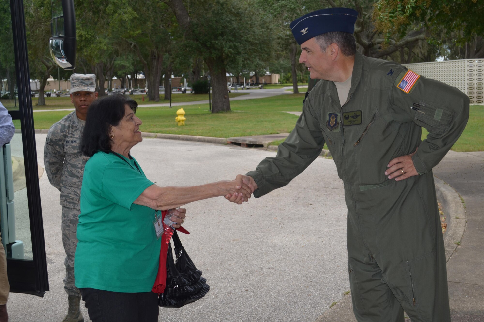 U.S. Air Force Colonel Jim Phillips, 919th Special Operations Wing commander, greets Katherine Vanderberry, Bossier Parish Jury, before briefing about his wing during the 307th Bomb Wing’s 2016 Civic Leader Tour. During the two-day trip, civic leaders had the opportunity to get a closer look at the mission of the Air Force Reserve traveling from Barksdale Air Force Base, La. on a KC-135 Stratotanker to Eglin AFB and Hurlburt Field, Fla. (U.S. Air Force photo by Master Sgt. Bianca Sellers-Brown/Released)