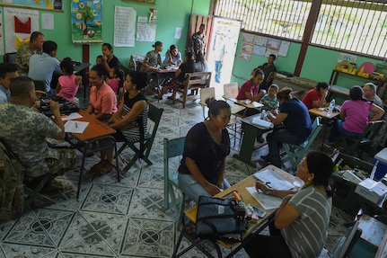 Members of the screening section speak to patients during a medical readiness training exercise, or MEDRETE, in the village of Bacadilla, Olancho district, Honduras, Sept. 23, 2016. During MEDRETEs, personnel from every section of MEDEL come together to help accomplish the mission of delivering medical care in austere conditions, promoting diplomatic relations between the U.S. and host nations in Central America, and providing humanitarian and civic assistance via a long-term proactive program.