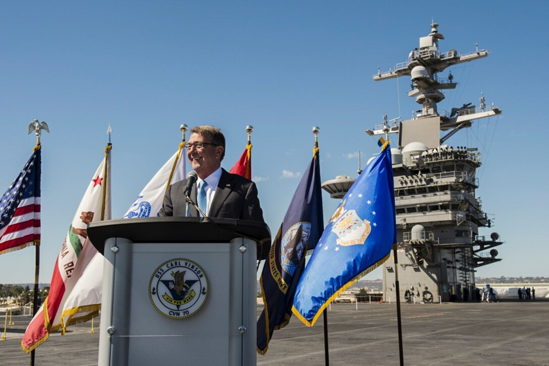 Defense Secretary Ash Carter addresses sailors aboard the USS Carl Vinson in San Diego, Sept. 29, 2016. Carter is on a trip to discuss rebalancing to the Asia-Pacific region and ongoing security challenges there. DoD photo by Air Force Tech. Sgt. Brigitte N. Brantley