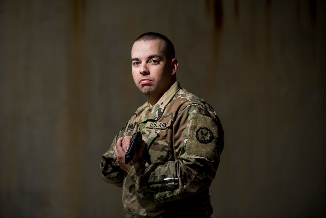 Staff Sgt. William Taylor, a U.S. Army Reserve military police Soldier with the 160th Military Police Battalion, of Tallahassee, Florida, poses for a portrait during the Active Shooter Threat Response Training taught at an Army Reserve installation in Nashville, Tennessee, on Sept. 29. This image was digitally manipulated in post-production. (U.S. Army Reserve photo by Master Sgt. Michel Sauret)