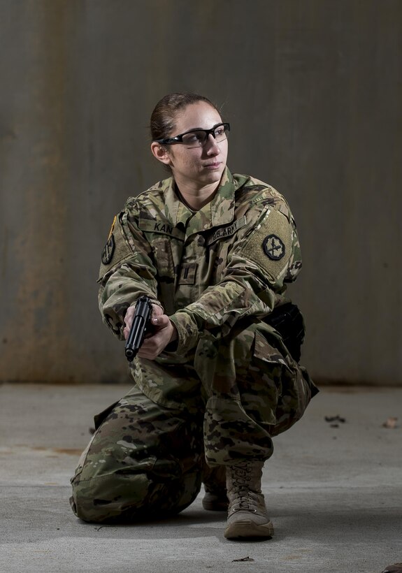 1st Lt. Erin Kan, a U.S. Army Reserve military police officer with the 724th Military Police Battalion, of Fort Lauderdale, Florida, poses for a portrait during the Active Shooter Threat Response Training taught at an Army Reserve installation in Nashville, Tennessee, on Sept. 29. This image was digitally manipulated in post-production. (U.S. Army Reserve photo by Master Sgt. Michel Sauret)