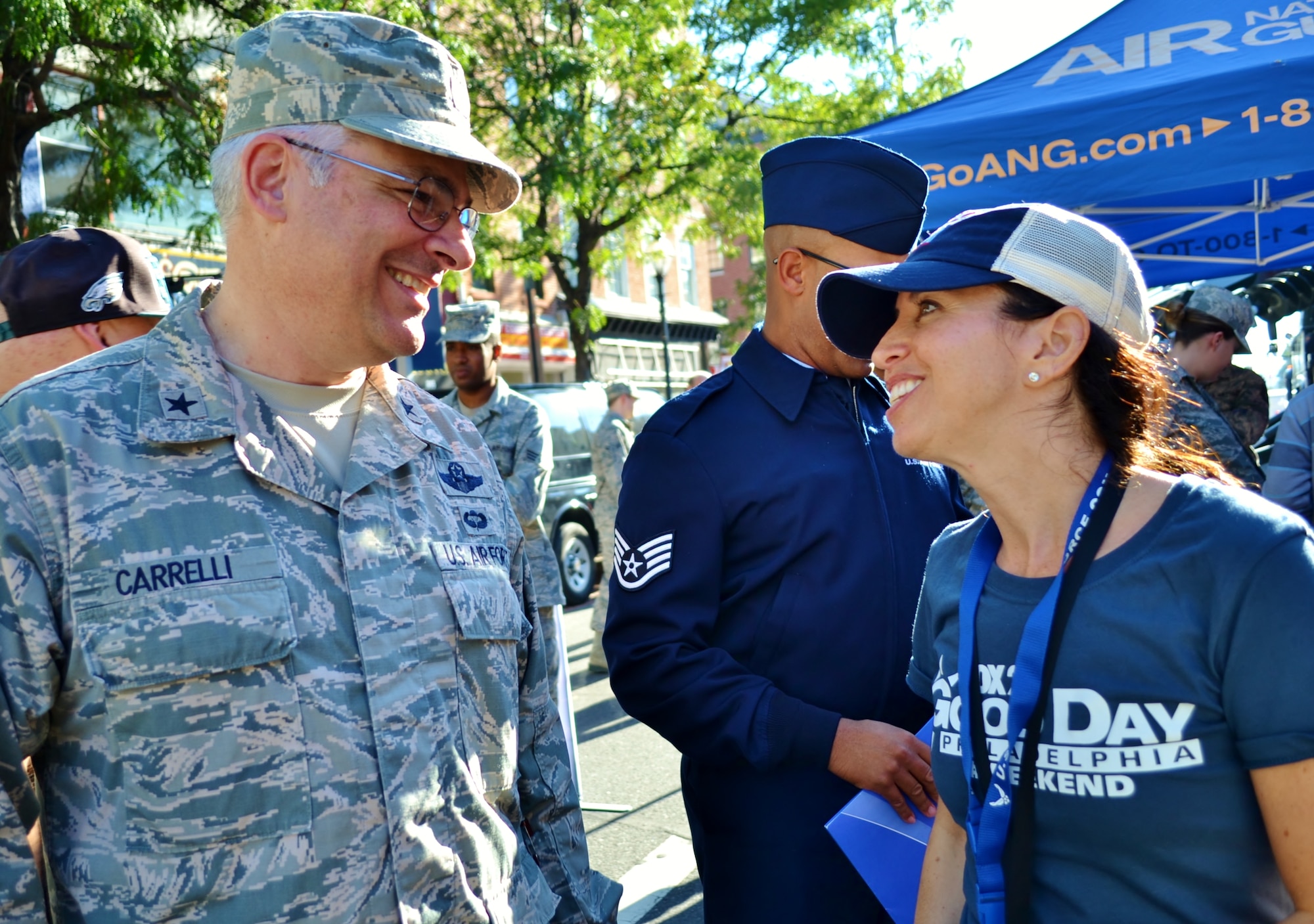 The Adjutant General of the Pennsylvania National Guard Brig. Gen. Tony Carrelli talks to Jodi Harris, FOX 29 planning manager for FOX News, during the FOX 29 Salutes the Military event Sept. 23, 2016 in center city Philadelphia.  For nearly a decade, the FOX News affiliate has held the event devoted to recognizing and thanking service members. (U.S. Air National Guard photo by Tech. Sgt. Andria Allmond) 
