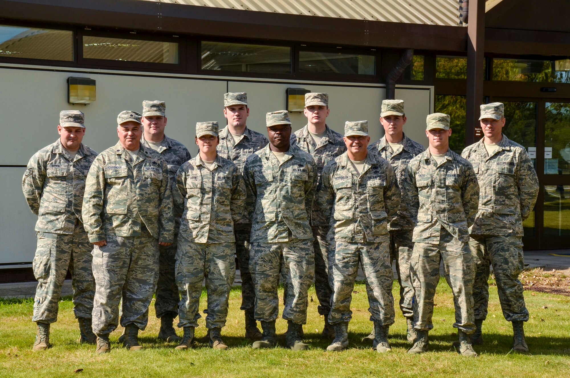 The 117th Logistics Readiness Squadron poses for a group photo at RAF Mildenhall, England, August 23, 2016. The 117 LRS was part of a temporary deployment to support the base mission. (U.S. Air National Guard photo by: Senior Airman Wesley Jones/Released)