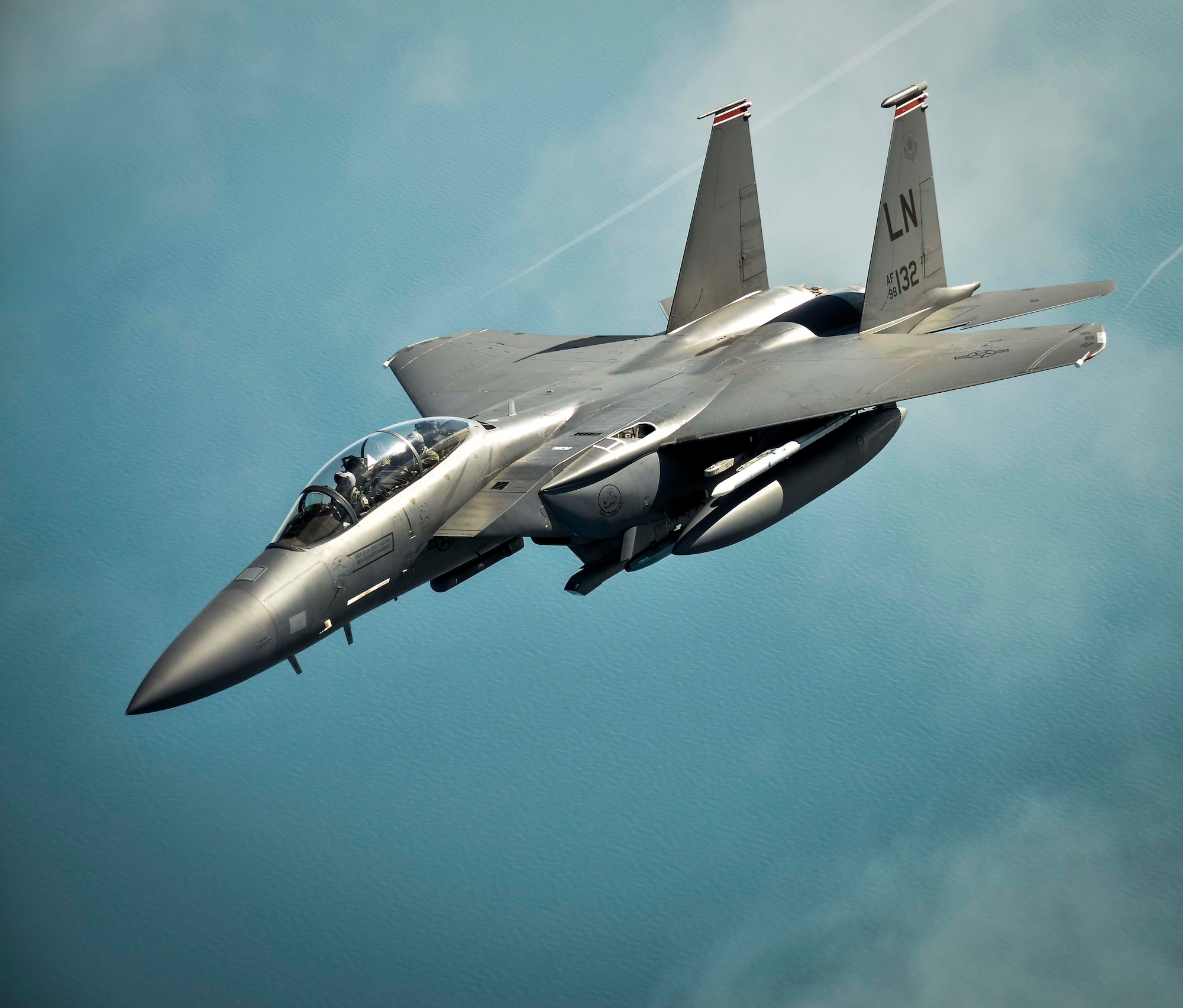 An F-15E Strike Eagle, from the 494th Fighter Squadron, RAF Lakenheath, England breaks away after being refueled by a KC-135R Stratotanker from the 117th Air Refueling Wing, Aug. 24, 2016, over the Atlantic Ocean. (U.S. Air National Guard photo by: Senior Airman Wesley Jones)