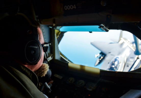 An F-15E Strike Eagle, 494th Fighter Squadron, RAF Lakenheath, England is refueled by a KC-135R Stratotanker, 117th Air Refueling Wing, Birmingham, Ala., Aug. 24, 2016, over the Atlantic Ocean. (U.S. Air National Guard photo by: Senior Airman Wesley Jones)