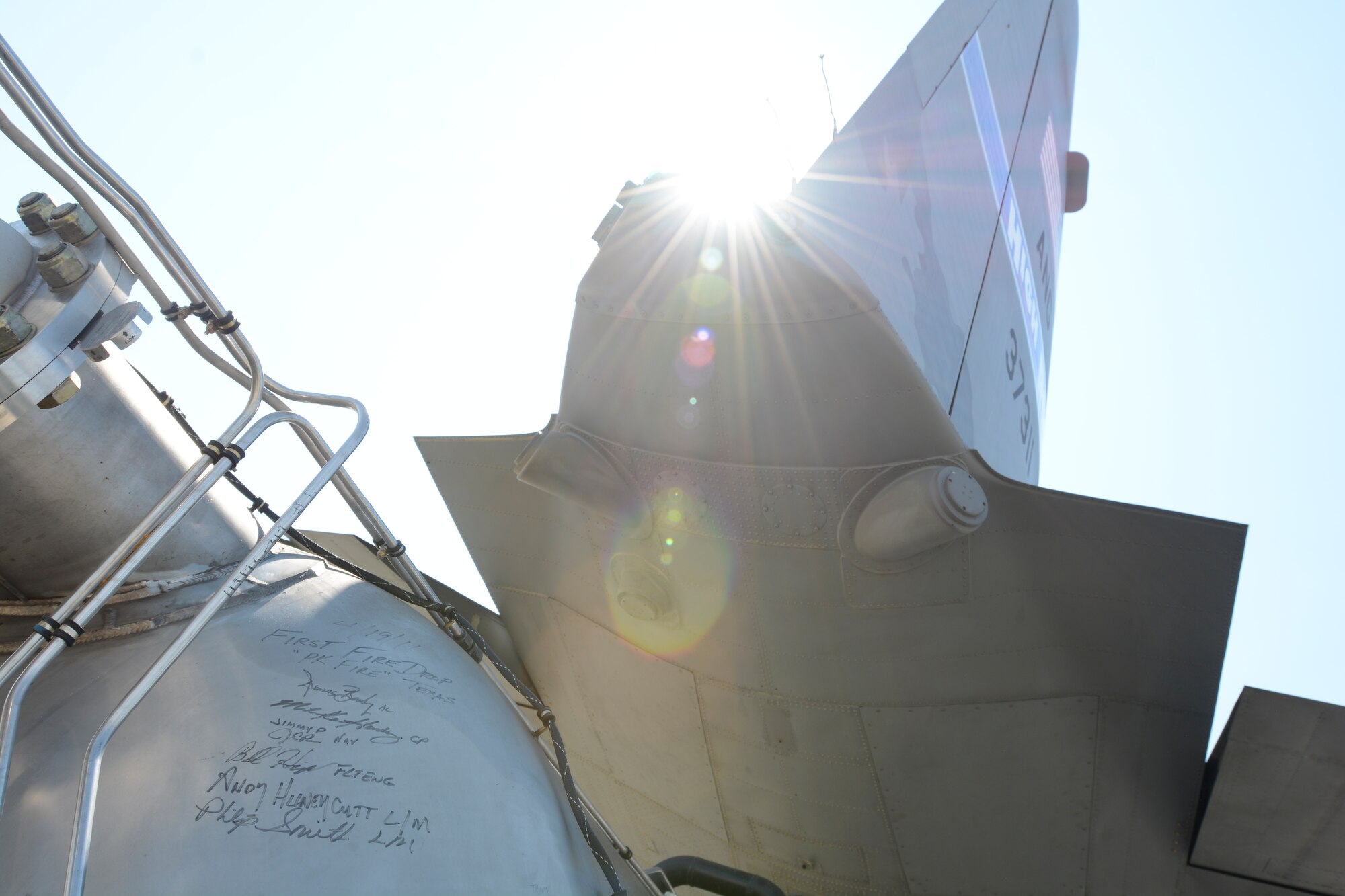 Signatures of members of the 145th Airlift Wing aircrew that flew the Modular Airborne Fire Fighting System Mission, are displayed on the back of the portable fire retardant delivery system that is being transferred to Nevada Air National Guard, 152nd Airlift Wing at the North Carolina Air National Guard (NCANG) Base, Charlotte Douglas International Airport, Sept. 7, 2016. (U.S. Air National Guard photo by 1st Lt Monica Ebert)