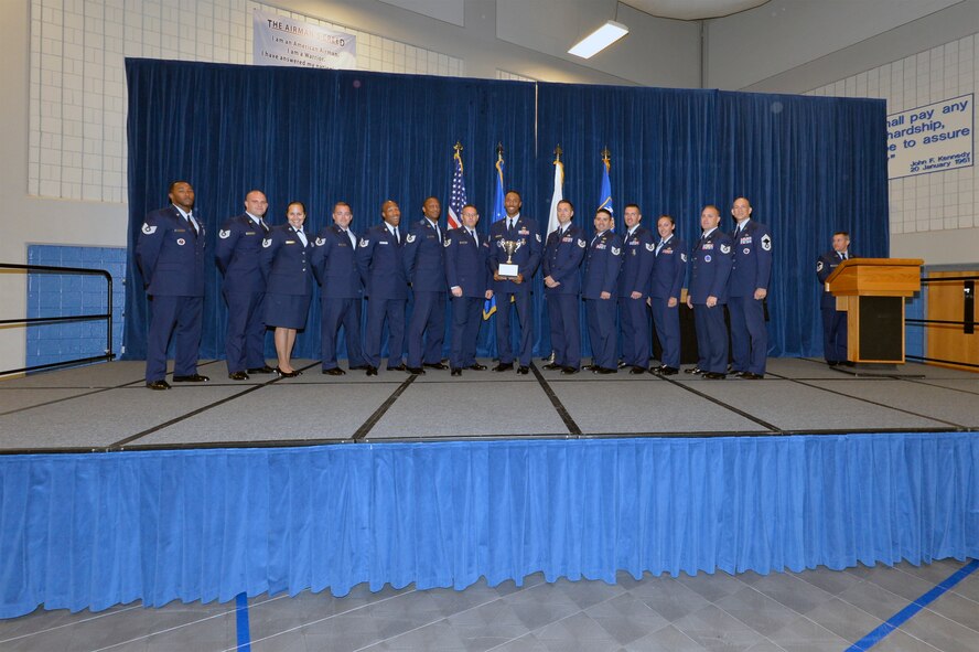 Airmen in the J-Flight, take the honor flight award here, Sep. 29, 2016, for NCO academy, class 16-6, during the graduation ceremony at the Chief Master Sgt. Paul H. Lankford Enlisted Professional Military Education Center in Louisville, Tenn. (U.S. Air National Guard photo by Master Sgt. Jerry D. Harlan/Released)