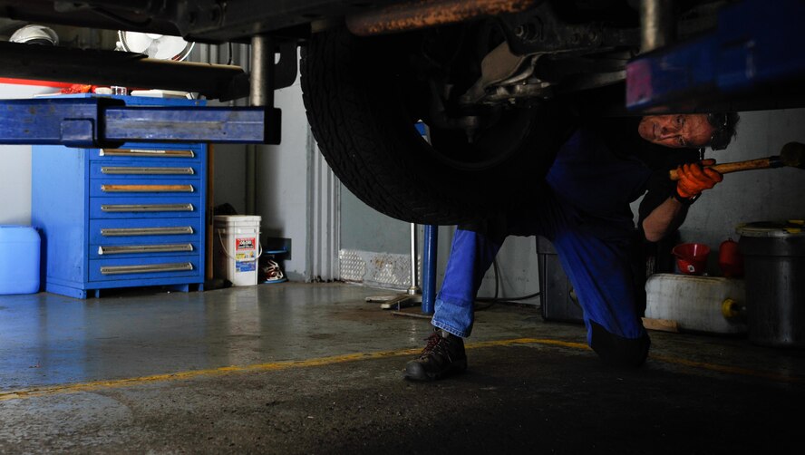 Greg Hermann, 86th Force Support Squadron tire technician, installs a winter tire on a customer’s truck Sept. 28, 2016, at Ramstein Air Base, Germany. According to the 86 AW safety office, cars should have winter tires from October to Easter. (U.S. Air force photo/Airman 1st Class Lane T. Plummer)