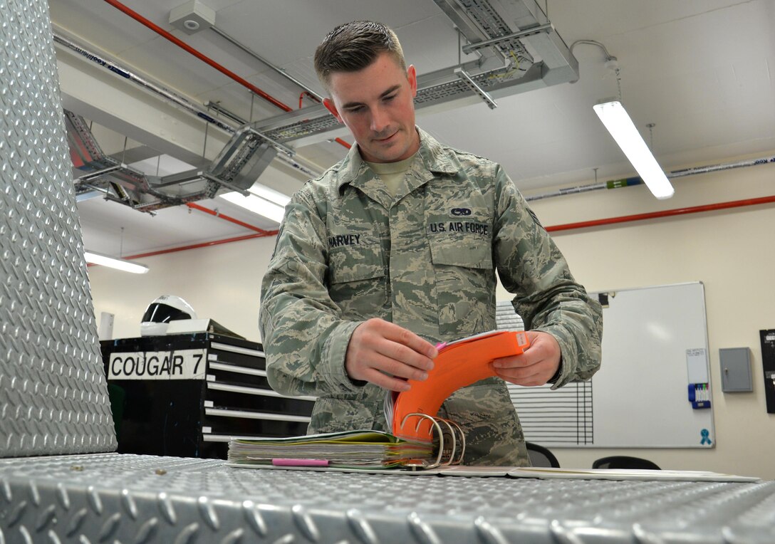 U.S. Air Force Senior Airman Tyler Harvey, 100th Maintenance Squadron shift leader of consolidated tool kits, looks through the benchstock binder Sept. 13, 2016, on RAF Mildenhall, England. Harvey looks through program binders periodically to ensure memorandums and other documentation pertaining to the program are up-to-date. (U.S. Air Force photo by Gina Randall)