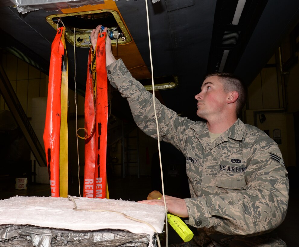 U.S. Air Force Senior Airman Tyler Harvey, 100th Maintenance Squadron shift leader of consolidated tool kits, accounts for tools installed on an aircraft Sept. 13, 2016, on RAF Mildenhall, England. Every tool or piece of equipment has an identification number and is accounted for at the beginning and end of every shift. (U.S. Air Force photo by Gina Randall)