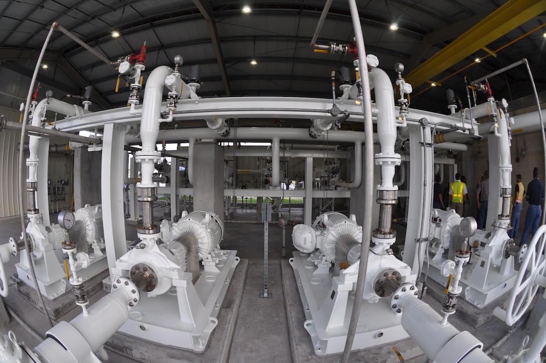 Filters and piping inside the newly-constructed pump house on Fuel Island are pictured Sept. 27, 2016 during a final inspection. Pump house filters function to separate debris and water from fuel being pumped through the system.