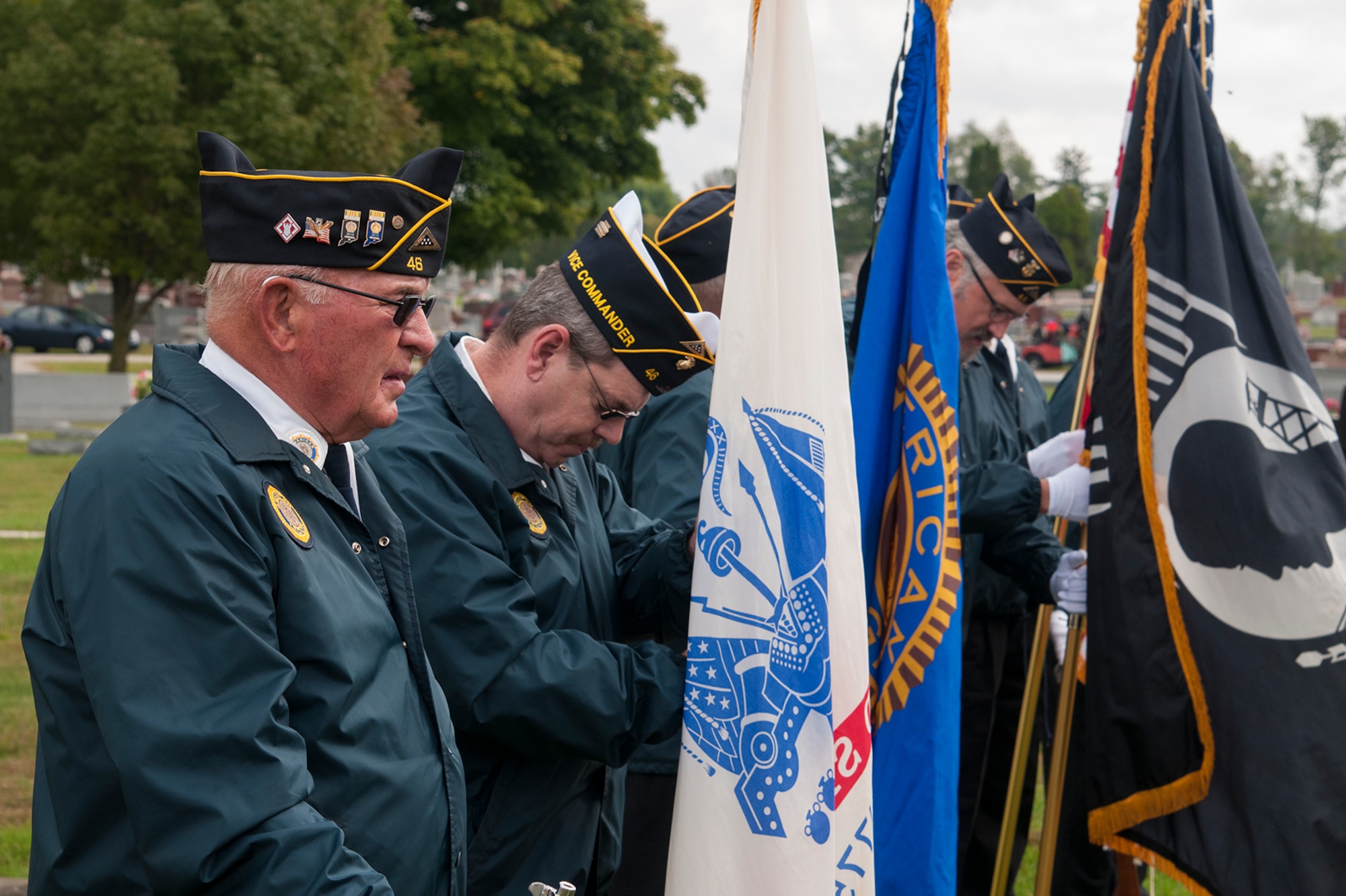 Members of American Legion Post 46 prepare for a ceremony to honor a World War II veteran in Tipton, Ind., Sept. 29, 2016. The ceremony was held to honor Army Air Corps Lt. Robert McIntosh, 27th Fighter Squadron pilot, whose plane crashed in 1942 and his remains we recently recovered. (U.S. Air Force photo/Staff Sgt. Dakota Bergl)