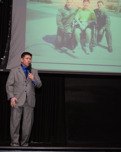 Kevin Ormsby, United States Air Forces in Europe Air Forces Africa long-range planner, speaks at a suicide prevention event on Ramstein Air Base, Germany, Sept. 28, 2016. Ormsby spoke about his experience with suicidal thoughts and how he found help to survive. (U.S. Air Force photo by Senior Airman Jimmie D. Pike)