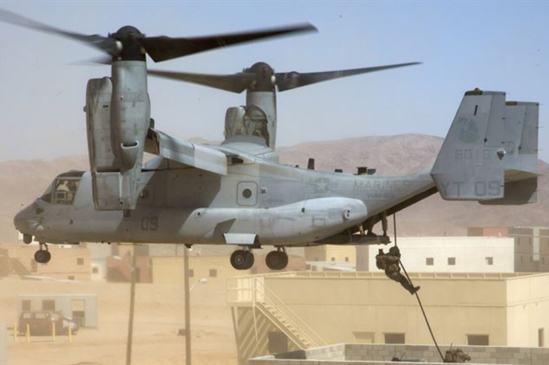 An MV-22 Osprey with Marine Medium Tilt-rotor Squadron 166 inserts Marines with Infantry Officer’s Course at Range 220, the Combat Center’s largest military operations on urbanized terrain facility, Sept. 23, 2016, as part of Exercise Talon Reach. Officers awaiting training at Marine Corps Communication-Electronics School and Marine Corps Intelligence School also participated in the exercise for the first time to create a mutually beneficial learning environment. Photo by Lance Cpl. Eric Clayton