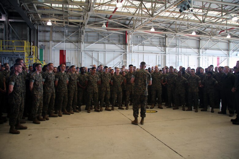 Brig. Gen. Matthew Glavy addresses Marines with Marine Attack Squadron 231 during a pre-deployment brief aboard Marine Corps Air Station Cherry Point, N.C., Sept. 28, 2016. The Marines took a brief pause as part of their pre-deployment preparations to receive a few words of encouragement from the commanding general. Glavy wished the Marines a safe journey as they are slated to continue training for their upcoming deployment in the fall. Glavy is the commanding general of 2nd Marine Aircraft Wing. (U.S. Marine Corps photo by Lance Cpl. Mackenzie Gibson/Released)