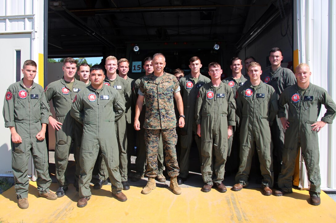 Brig. Gen. Matthew Glavy stands among Marines with aircraft rescue and firefighting during a visit aboard Marine Corps Auxiliary Landing Field Bogue, N.C., Sept. 28, 2016. Glavy visited the airfield to thank Marines for their hard work, to better understand the challenges they overcome on a daily basis and set eyes on supporting facilities to ensure they are maintained to high standards. “Bogue represents the 2nd Marine Aircraft Wing’s ability to conduct expeditionary operations,” said Glavy. “They provide aviation ground support, air traffic control, and operations support to the aircraft that rely on them. It is a unique place where 2nd MAW can get critical expeditionary training that we cannot receive anywhere else.” Glavy is the commanding general for 2nd MAW. (U.S. Marine Corps photo by Lance Cpl. Mackenzie Gibson/Released)