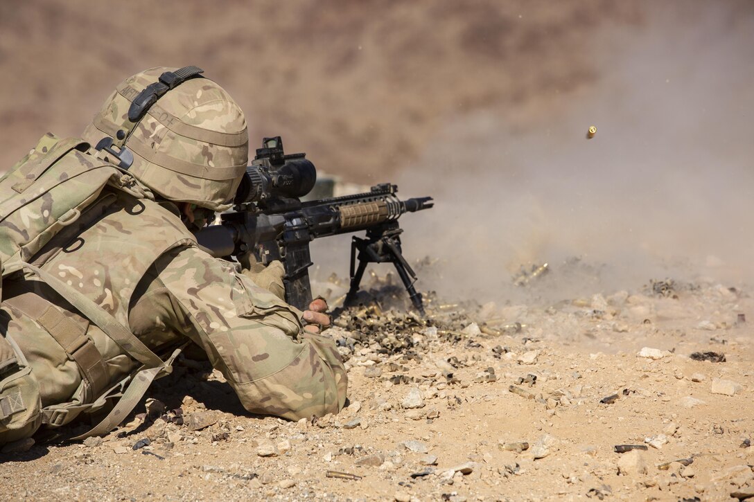 British Royal Marines conduct an assault on Range 205 as part of Exercise Black Alligator aboard the Marine Corps Air Ground Combat Center, Twentynine Palms, Calif., Sept. 14, 2016. U.S. and British Royal Marines conducted bilateral training in urban warfare maneuvers at Twentynine Palms, Calif. (U.S. Marine Corps photo by Cpl. Levi Schultz)