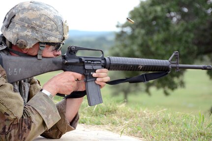 Sgt. 1st Class Daniel E. Cummings firing M16 rifle Modified Record Fire range during the U.S. Army Medical Department Center & School 2016 Best Medic competition at Camp Bullis Sept. 12-14. 