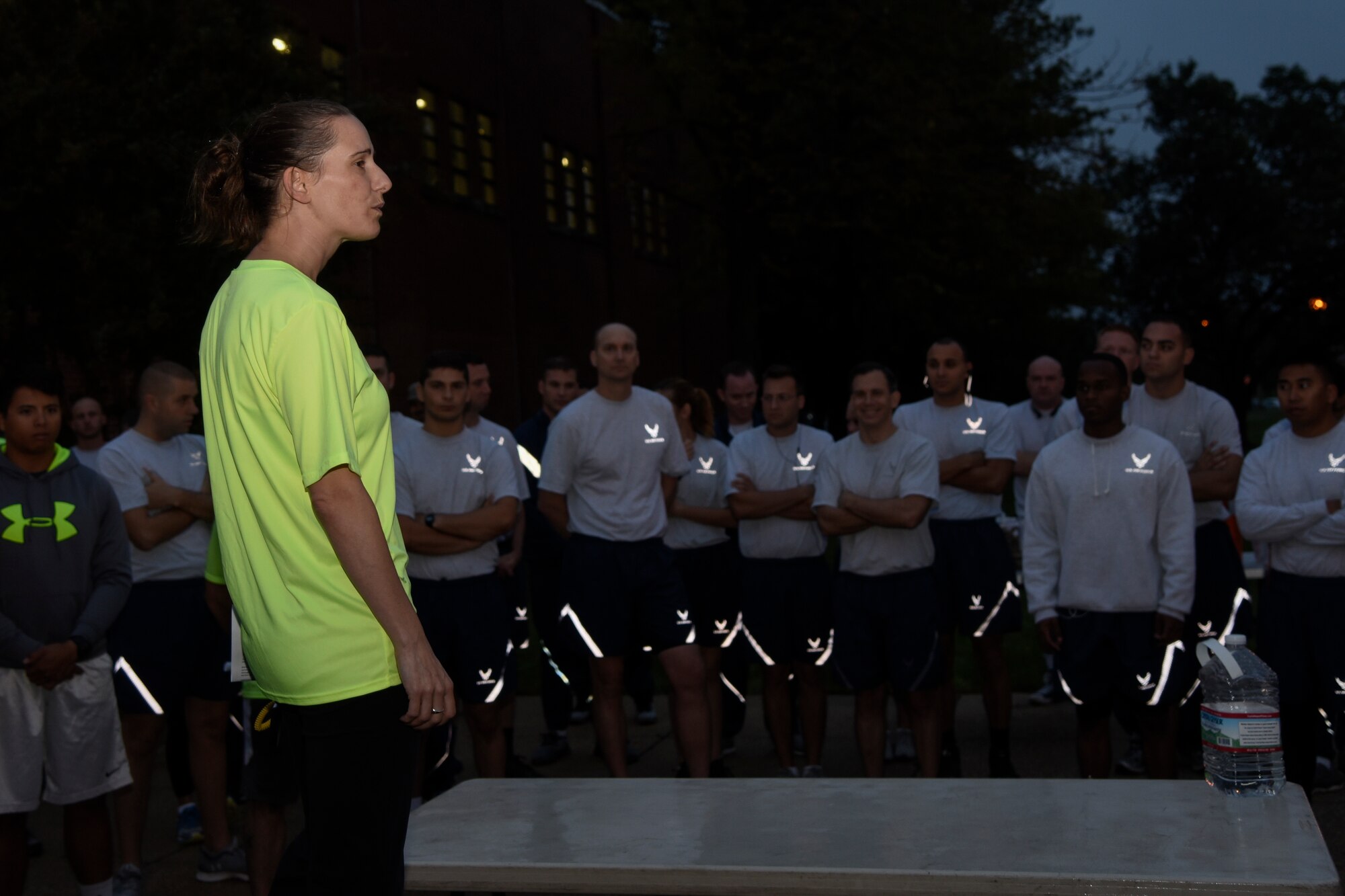 Lt. Col. Lisa Mabbutt, 11th Civil Engineering Squadron commander, talks to participants involved in the National Preparedness Month 5K at the West Fitness Center on Joint Base Andrews, Md., Sept. 30, 2016. NPM provides a chance for emergency responders to reach out to the community and inform them of actions to take for situations such as a natural disaster, active shooter or terrorist attack. More than 50 JBA members attended the run, which was hosted by 11 CES. (U.S. Air Force photo by Airman 1st Class Valentina Lopez)