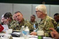 Army Reserve Command Sgt.Maj. James Wills, Command Sergeant Major, U.S. Army Reserve, addresses command topics during the 85th Support Command-hosted Commander's Readiness Review at the 85th SPT CMD headquarters, September 24, 2016. CR2 integrates elements from Operation Full Court Press, Precision Readiness Initiative, Mission Training Brief, -- and provides a comprehensive annual review session for the USARC senior leadership team. Under the unique partnership that the 85th SPT CMD and First Army share, the 85th is responsible for the readiness of the assigned 46 reserve battalions operationally controlled by First Army across the United States.
(Photo by Sgt. Aaron Berogan)