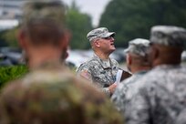 Army Reserve 1st. Sgt. Robert Nolan addresses his soldiers, assigned to Headquarters and Headquarters Company, 85th Support Command, during a morning formation, September 10, 2016.
(Photo by Sgt. Aaron Berogan)