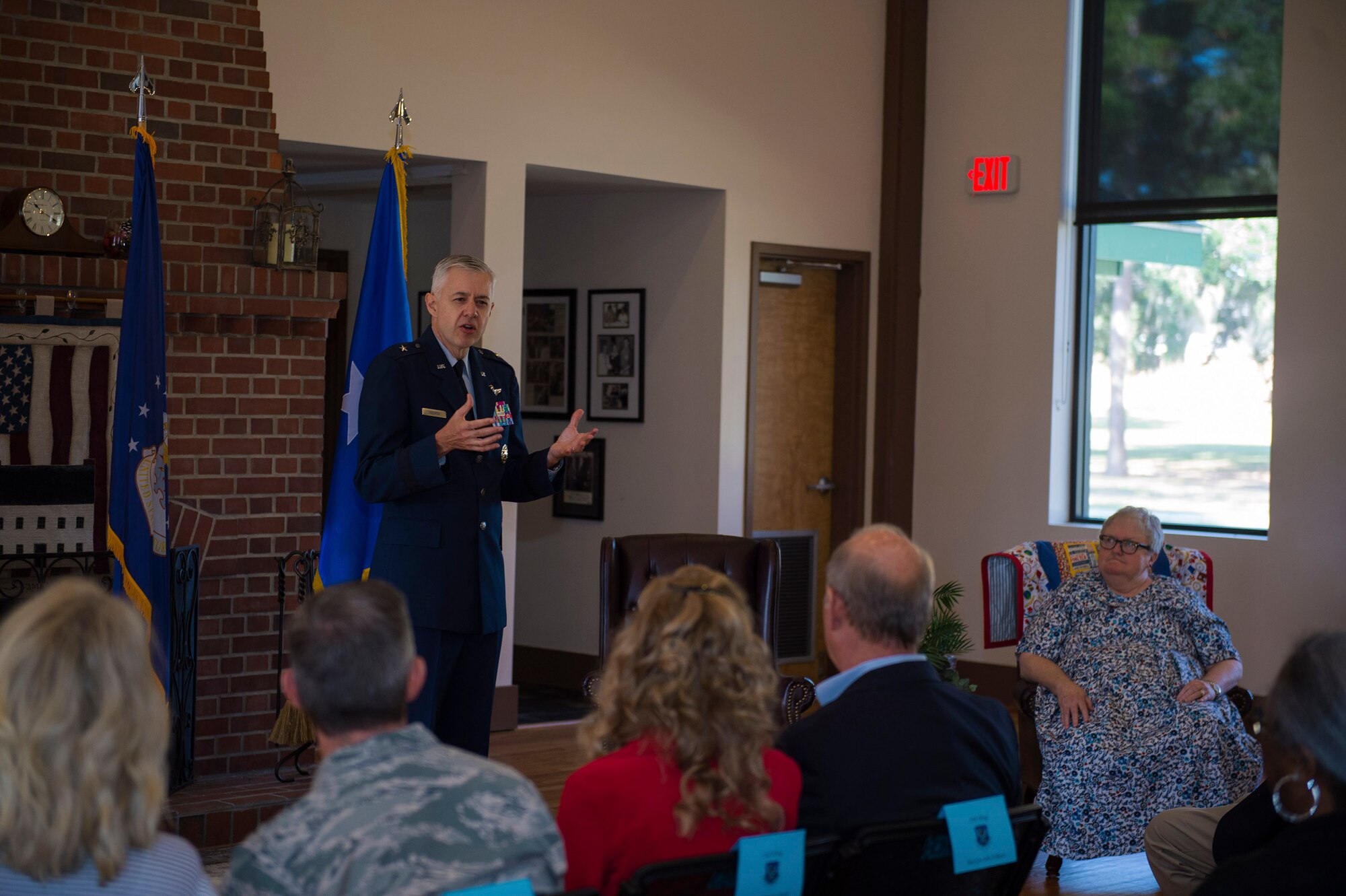 U.S. Air Force Retired Brigadier General Kenneth Todorov, former 23d Wing commander, gives remarks during Ann Lukens’, 23d Force Support Squadron school liaison officer, retirement ceremony, Sept. 30, 2016, at Moody Air Force Base, Ga. Todorov presided over the ceremony and commended Lukens for her contributions to the Team Moody community. (U.S. Air Force photo by Airman 1st Class Greg Nash)