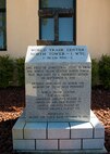 A piece of steel from the Twin Towers sits on display in front of Moody’s fire department, Sept. 30, 2016, at Moody Air Force Base, Ga. 
Ann Lukens, 23d Force Support Squadron school liaison officer, said one of her proudest moments was helping to get this artifact delivered to Moody on Oct. 4, 2011, for permanent display.  (U.S. Air Force photo by Airman 1st Class Greg Nash)
