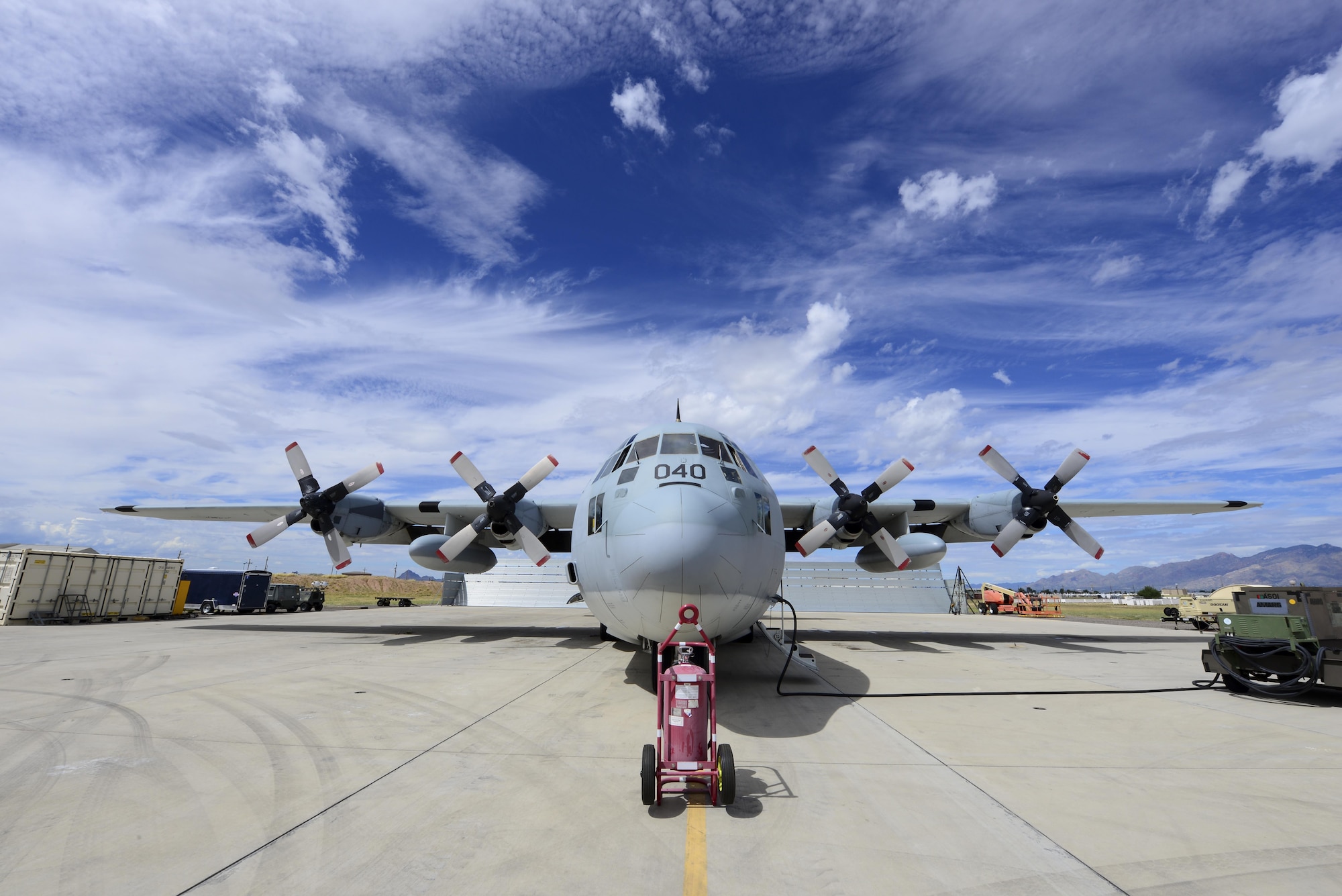 A C-130T stages before executing a functional-check flight at Davis-Monthan Air Force Base, Ariz., Sept. 28, 2016. The aircraft will be transferred to the 220th Airlift Wing to support personnel and supply movement as well as disaster relief efforts. (U.S. Air Force photo by Airman Nathan H. Barbour)