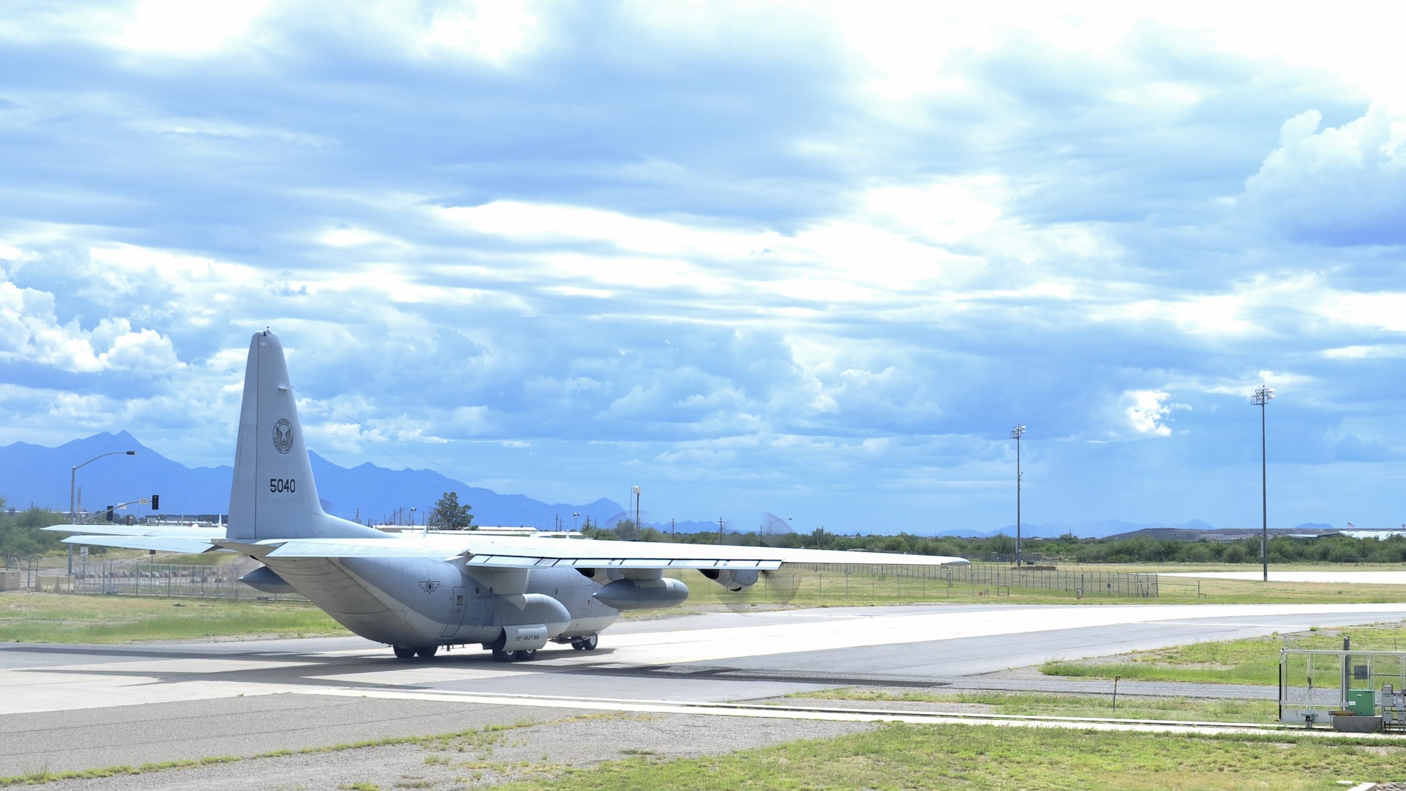 A C-130T prepares to take off to execute a functional-check flight at Davis-Monthan Air Force Base, Ariz., Sept. 28, 2016. The aircraft will be transferred to the 220th Airlift Wing to support personnel and supply movement as well as disaster relief efforts. (U.S. Air Force photo by Airman Nathan H. Barbour)